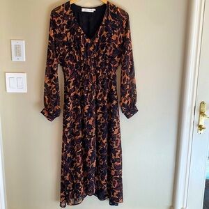 ASTR The Label Dark Romantic Sheer L/S Lined V Neck Empire Smocked Dress Sz M